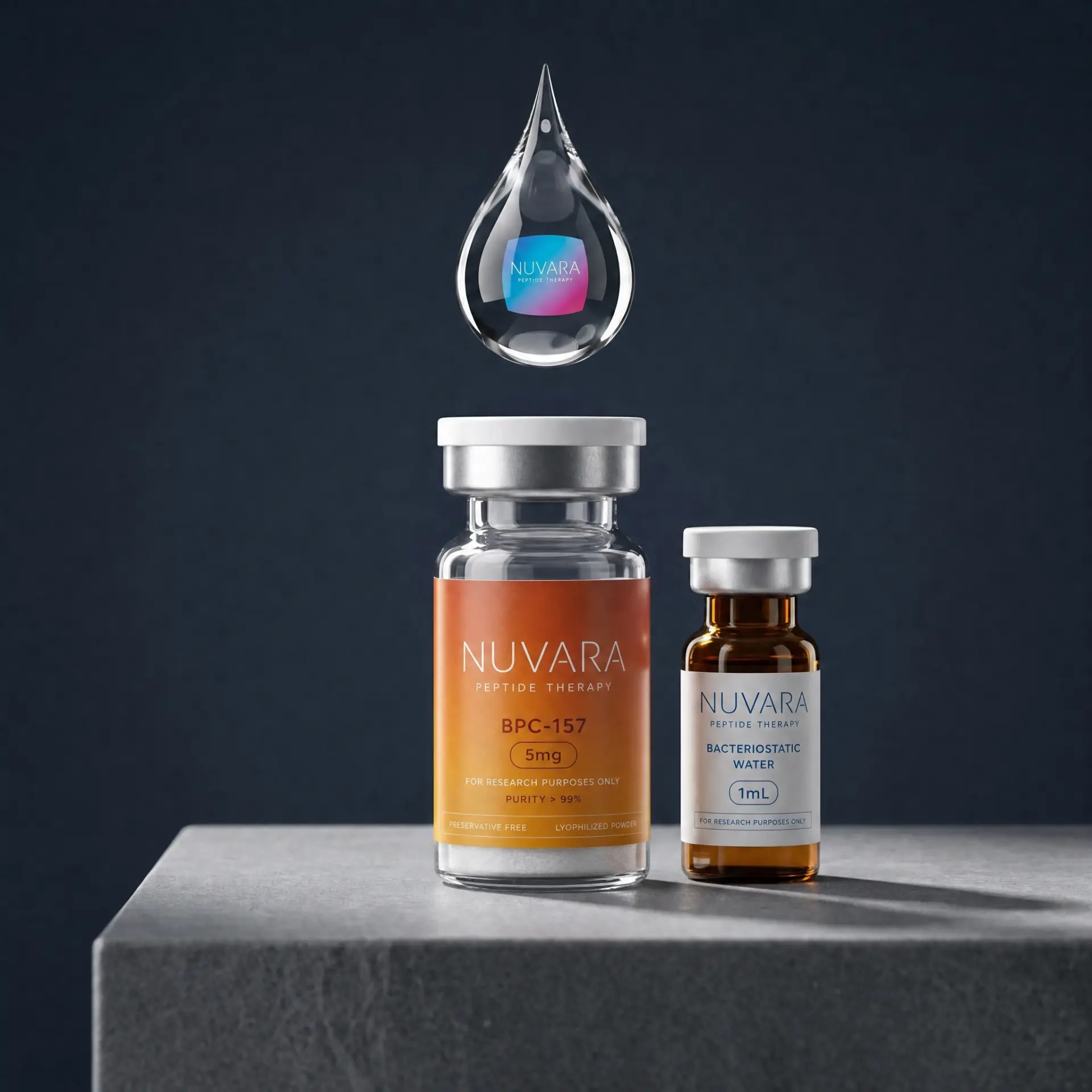 Nuvara peptide vial beside a bacteriostatic water vial