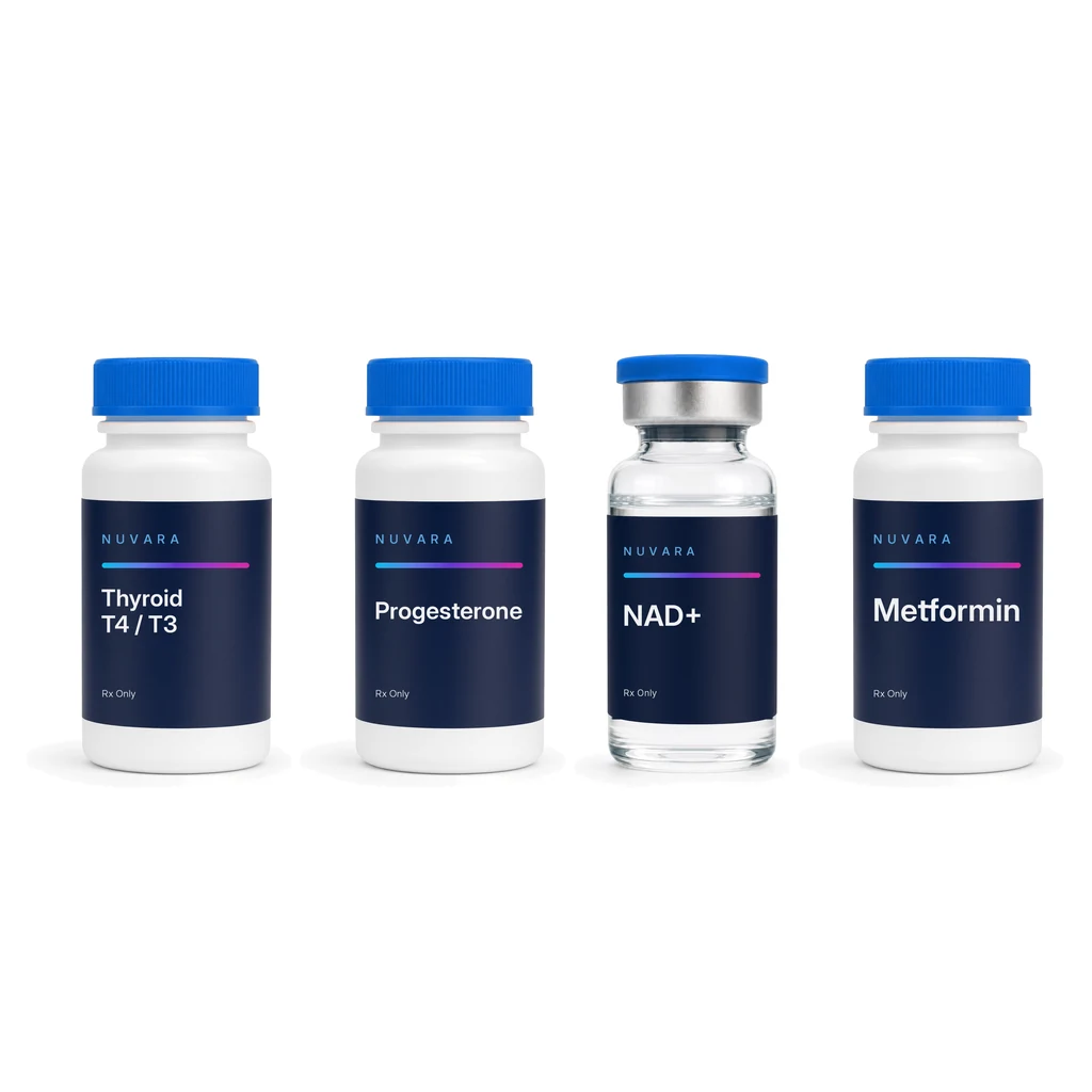 NUVARA Thyroid T4 / T3 oral tablets bottle, Progesterone oral capsules bottle, NAD+ injectable vial and Metformin oral tablets bottle