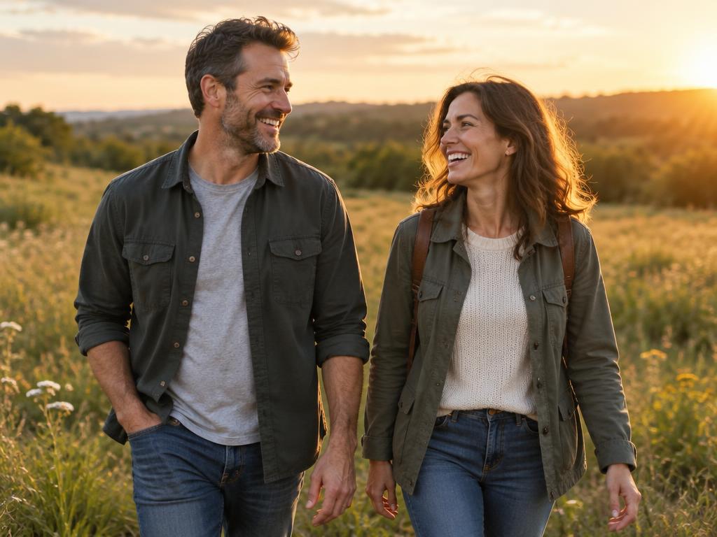 Couple walking outdoors at sunset