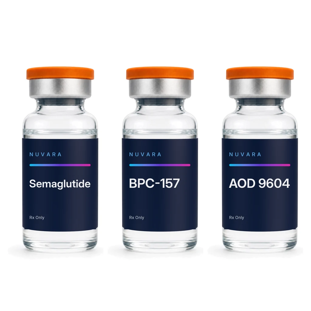 NUVARA Semaglutide injectable vial, BPC-157 injectable vial and AOD 9604 injectable vial