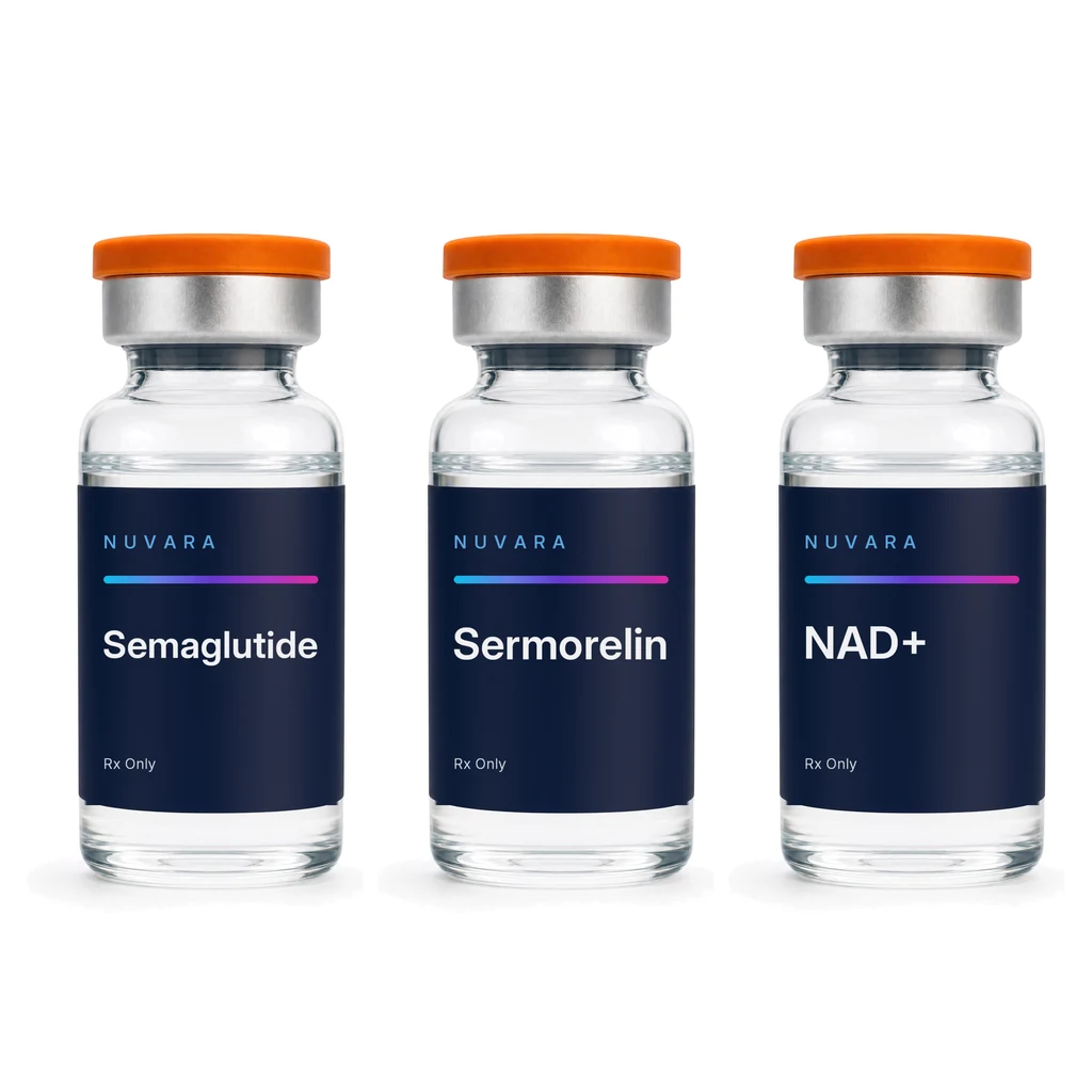NUVARA Semaglutide injectable vial, Sermorelin injectable vial and NAD+ injectable vial