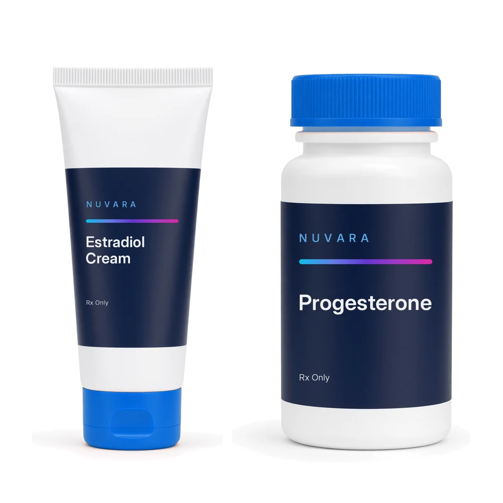 NUVARA Estradiol cream tube and Progesterone oral capsules bottle