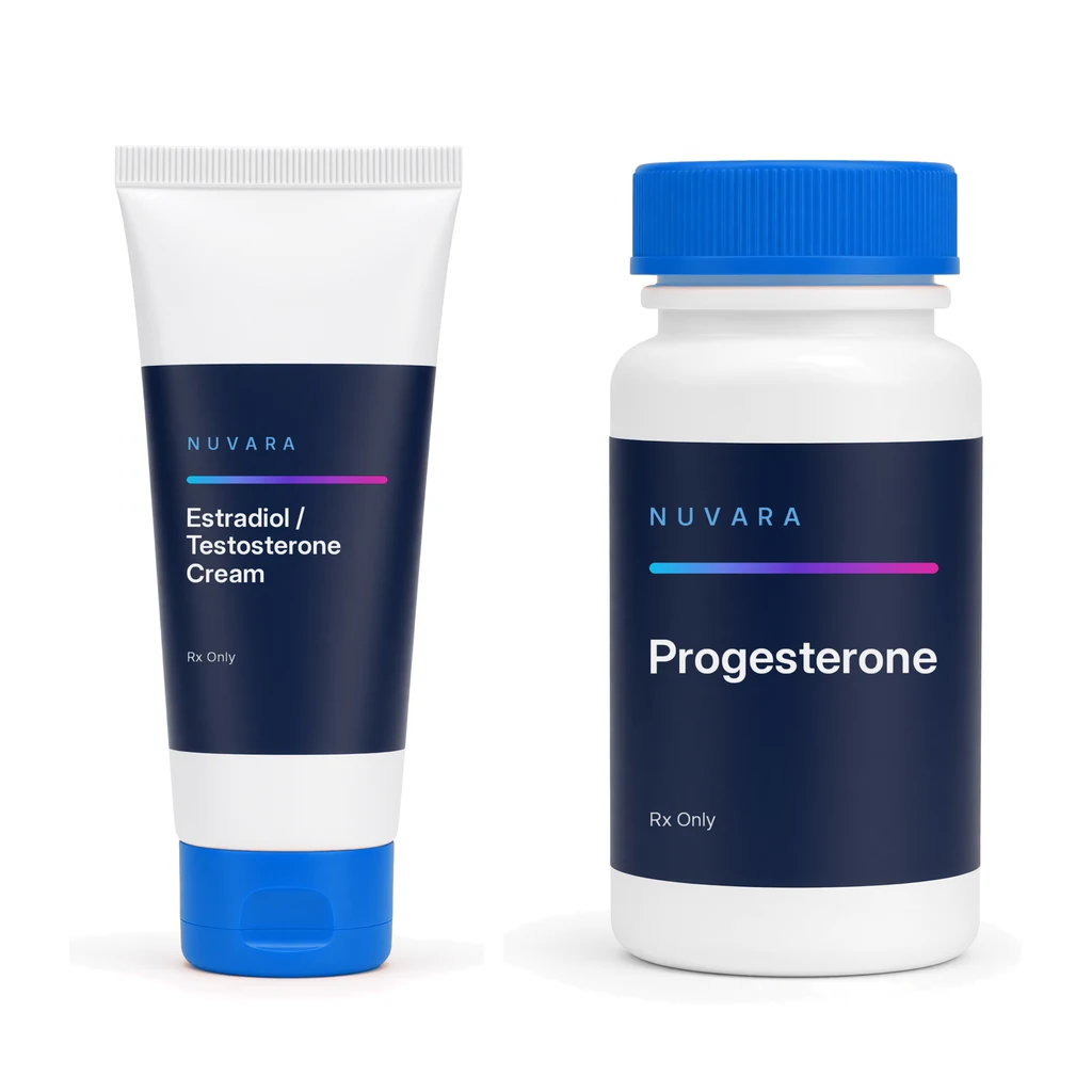 NUVARA Estradiol / Testosterone cream tube and Progesterone oral capsules bottle