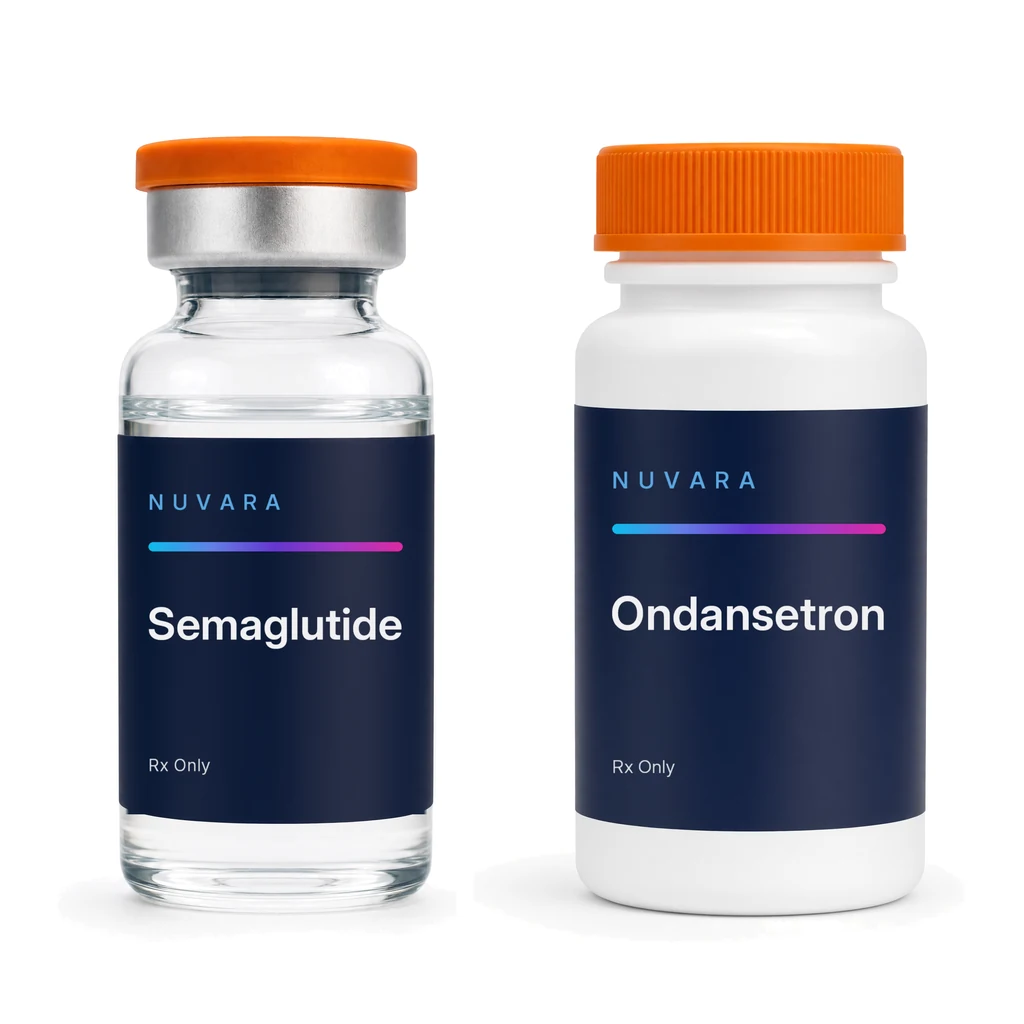 NUVARA Semaglutide injectable vial and Ondansetron oral tablets bottle