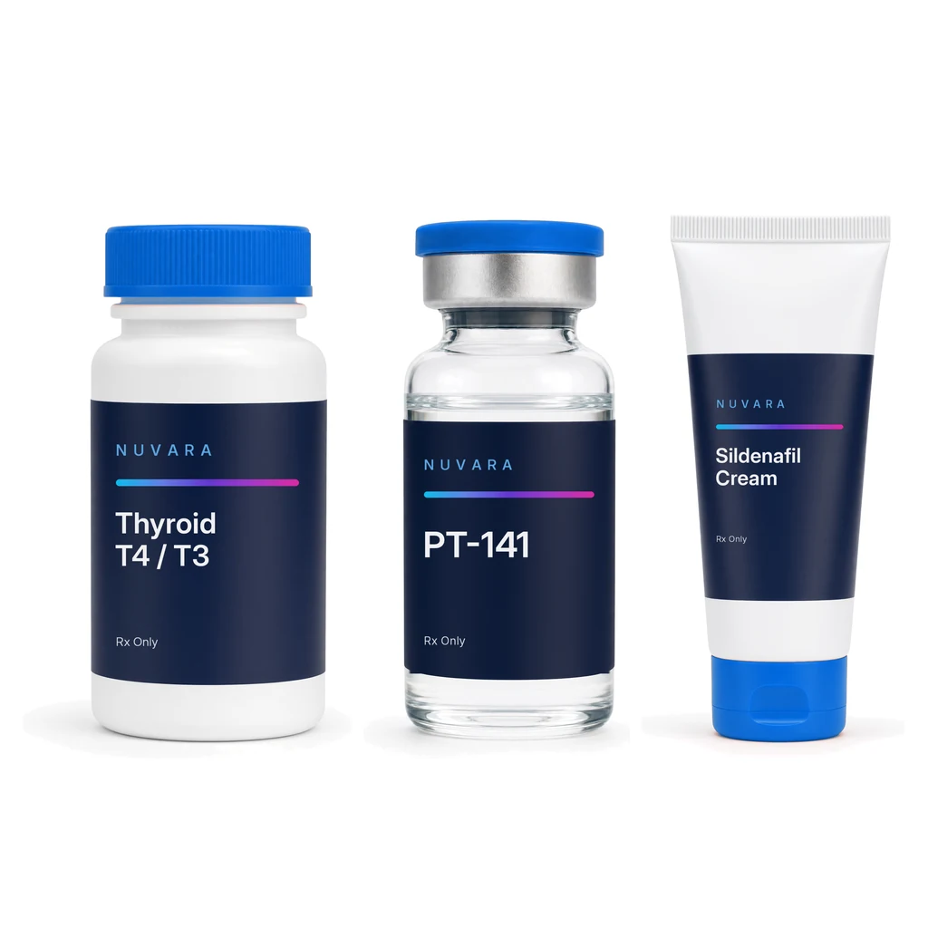 NUVARA Thyroid T4 / T3 oral tablets bottle, PT-141 injectable vial and Sildenafil cream tube