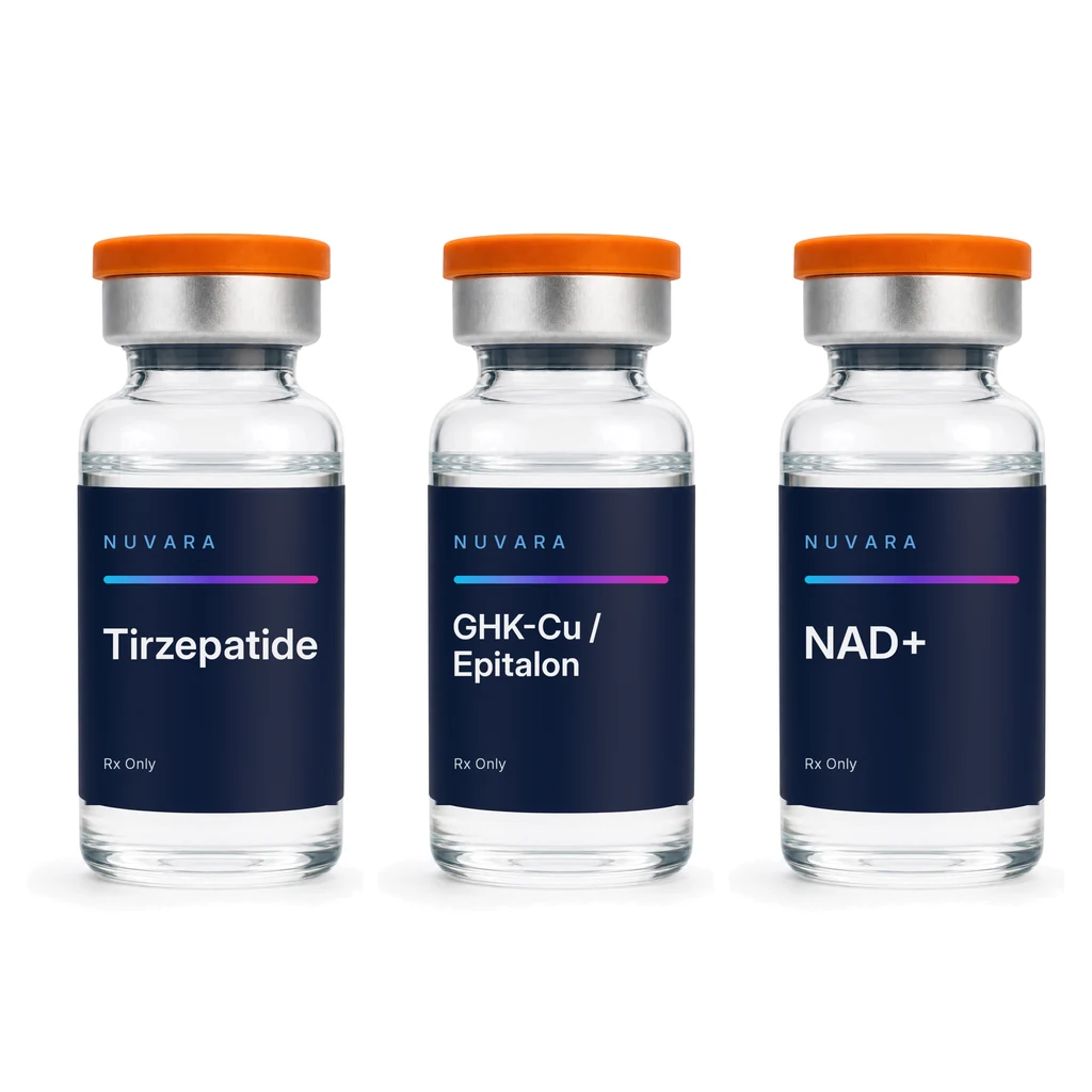 NUVARA Tirzepatide injectable vial, GHK-Cu / Epitalon injectable vial and NAD+ injectable vial