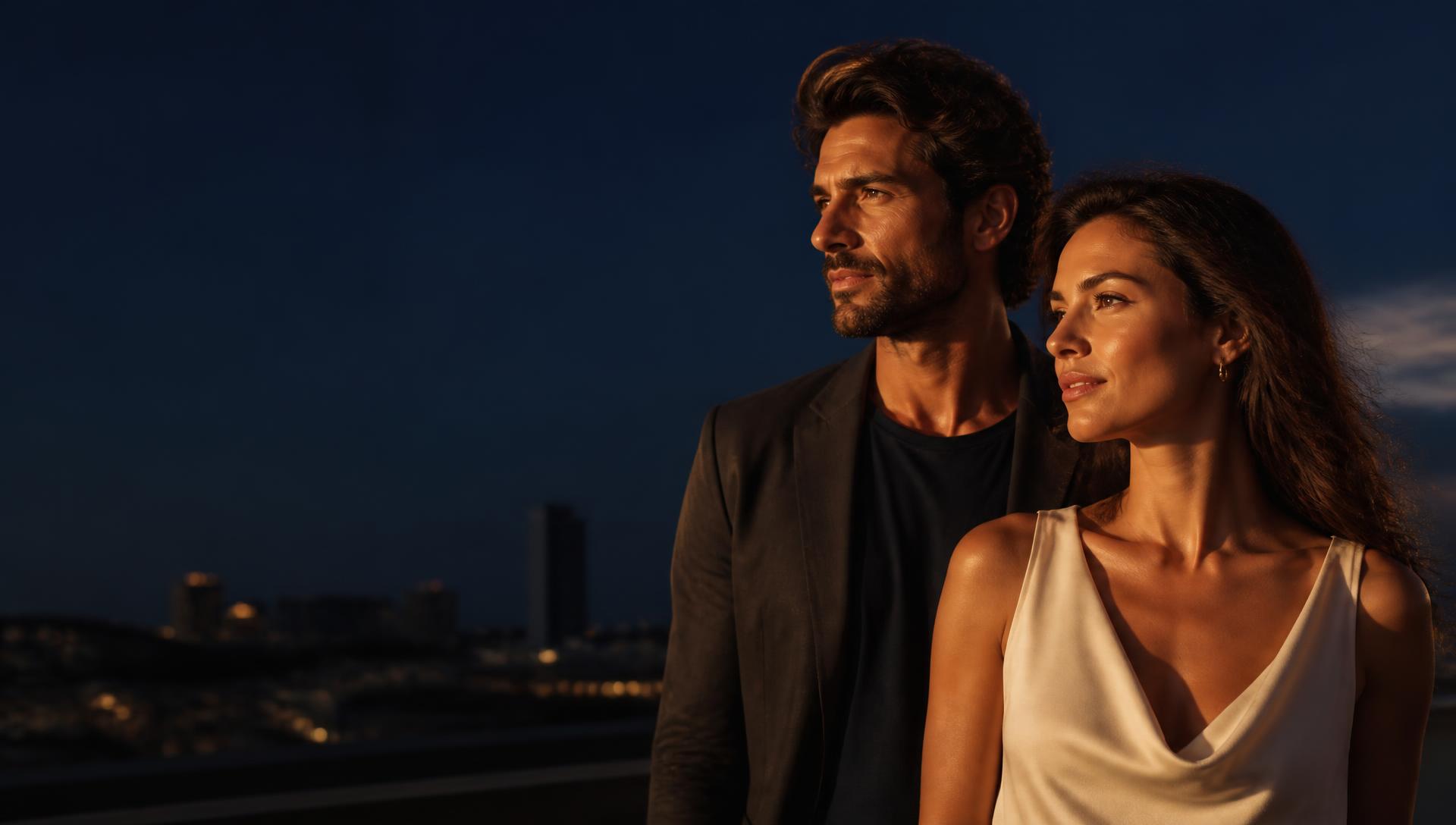 Man with full hair and woman with luminous skin at golden hour