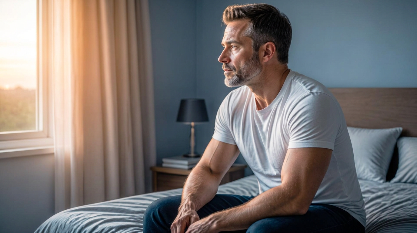 Man sitting on the edge of a bed at dawn in a dim bedroom