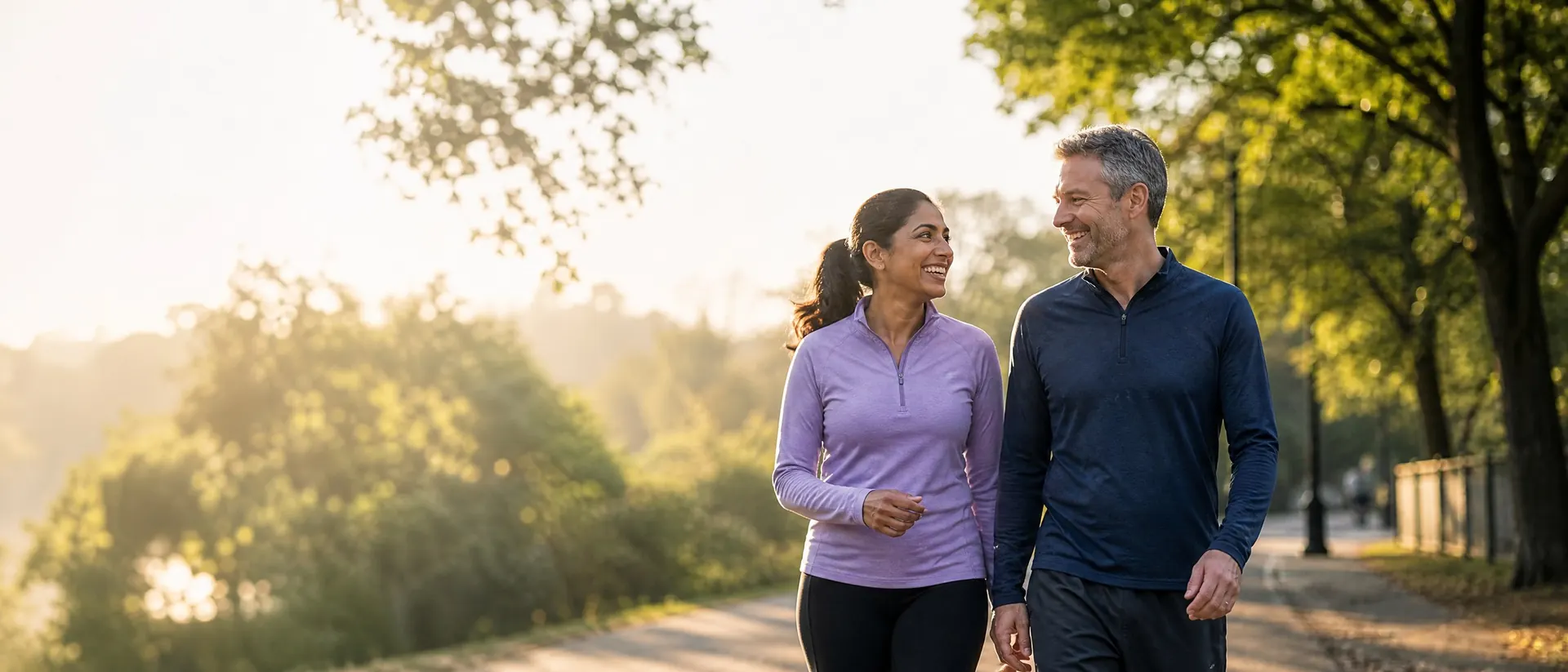 Pareja de unos 40 años caminando en un parque después de correr por la mañana (imagen ilustrativa)