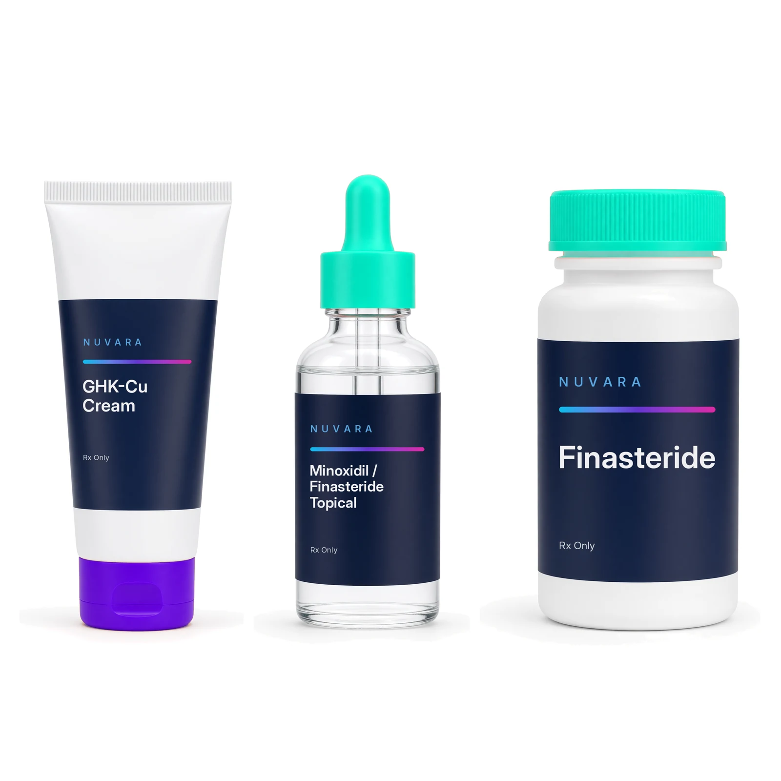 Tubo de crema GHK-Cu, frasco gotero de solución tópica Minoxidil / Finasteride y frasco de tabletas orales Finasteride de NUVARA