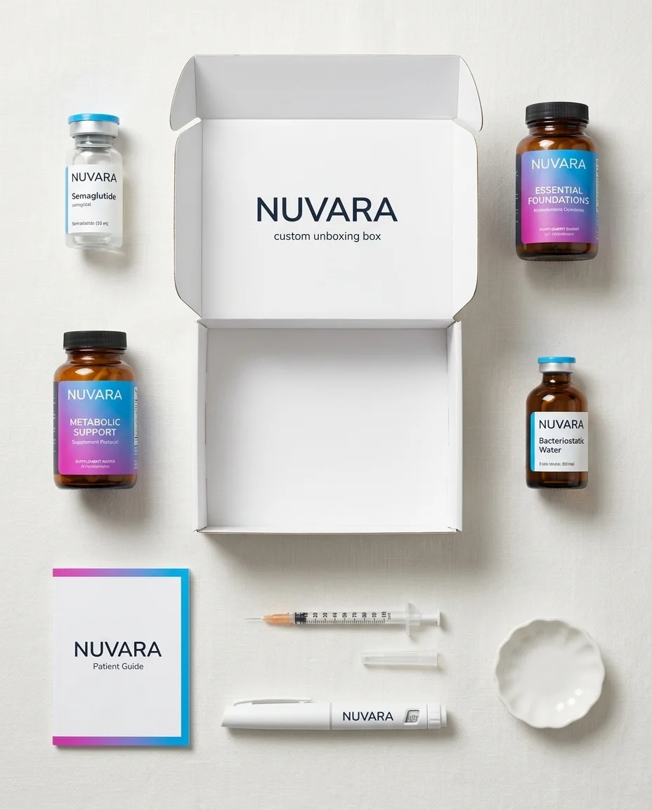 The Nuvara kit: labeled vials, supplements, patient guide, and injection pen in a branded unboxing box