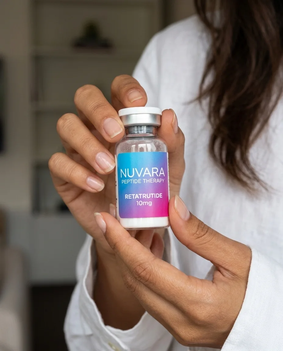 A Nuvara Retatrutide vial held in a patient's hands